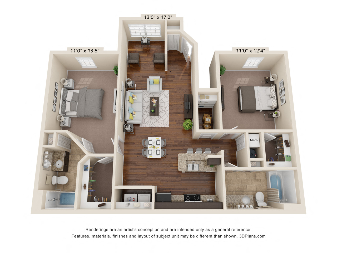 Floor plan for 2 beds, 2 baths, 1078 sqft